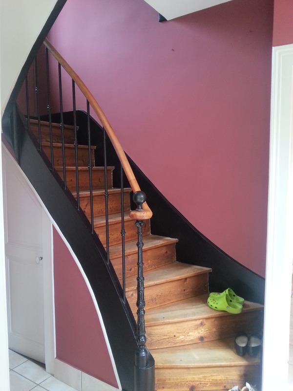 Mise en couleur d'un escalier peinture veloutées mauve det noir.jpg